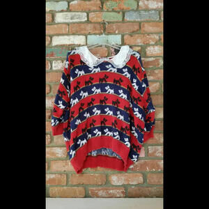 Vintage YORKIE dog sweater 1980's lace red, black, blue